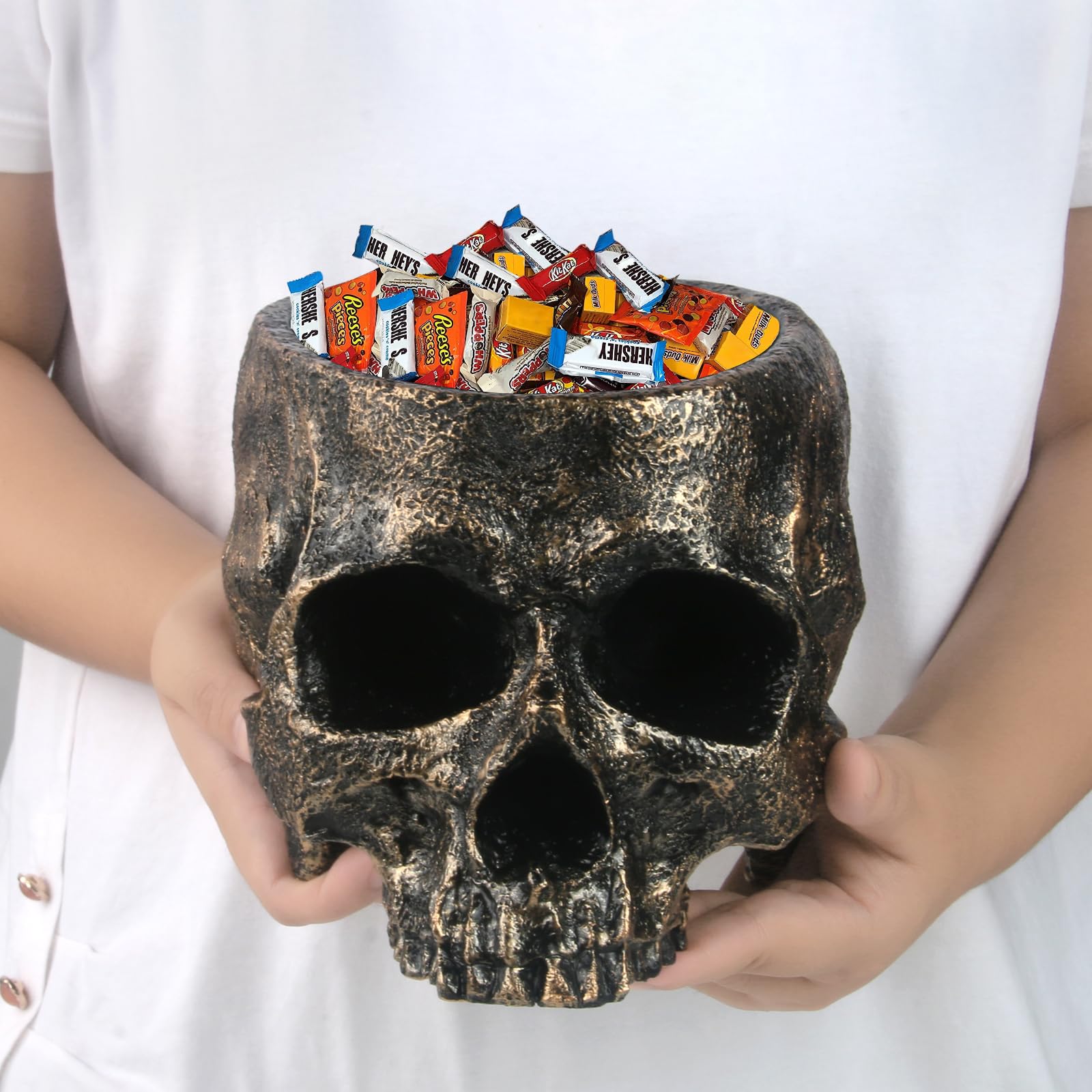 Halloween Skull Candy Dish- Deep Skull Head Halloween Candy Bowl Holder Artificial Resin Skulls Decor Indoor Outdoor Table Centerpieces Flower Pot Plant Office Pen Holder Desktop Ornaments - Bronze